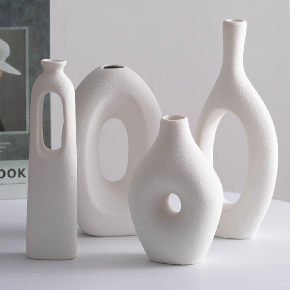Kreative weiße Keramik Vase Set von 4 Stück, einfache Moderne Wohnkultur Vase für Wohnzimmer, Eingang, Esszimmer, Schlafzimmer