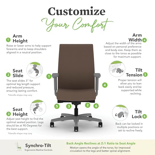 Image of HON Ignition 2.0 Ergonomic Office Chair with Adjustable Arms, Advanced Synchro‑Tilt Recline, Upholstered Desk and Computer Chair for Home Office or Workstation, Titanium Frame, Bark