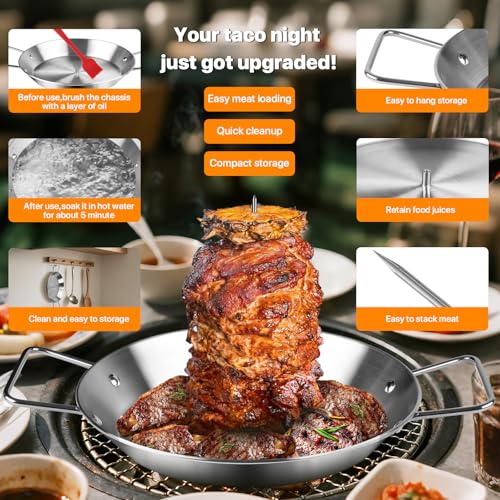 Stainless Steel Shawarma Pan for Oven & Grill - Vertical Skewer with Gyro Plate & 5 Spikes (6"-14") in Middle - Al Pastor Rotisserie for Tacos, Chicken, Pork - Gyro Cooking Pan, Roasting Skewer Stand.