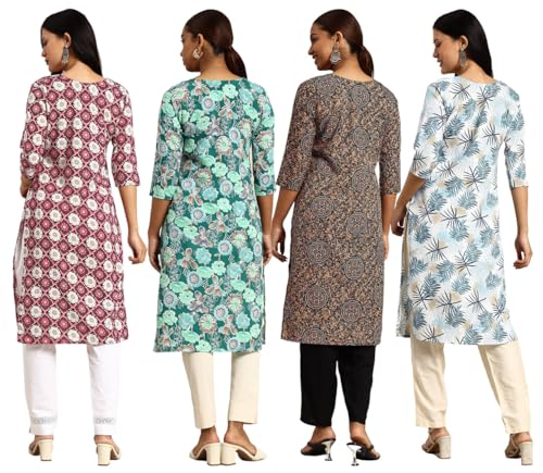 Image of JAKHANA Women's Crepe Printed Casual Straight Calf Length Round Nick Kurta Pack of 4