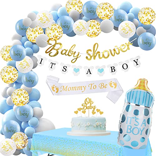 Baby Shower Decoration Garcon, Bleu Arche Ballon Baby Shower Deco, Gender Reveal Party Decoration avec Mummy To Be Ceintures et Nappes pour Anniversaire Decoration Bapteme Garcon Cover