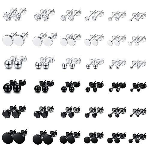 Jstyle 36Pairs 2-8mm Stainless Steel Mens Womens Stud Earrings CZ Ball Disc Cartilage Ear Piercings Set