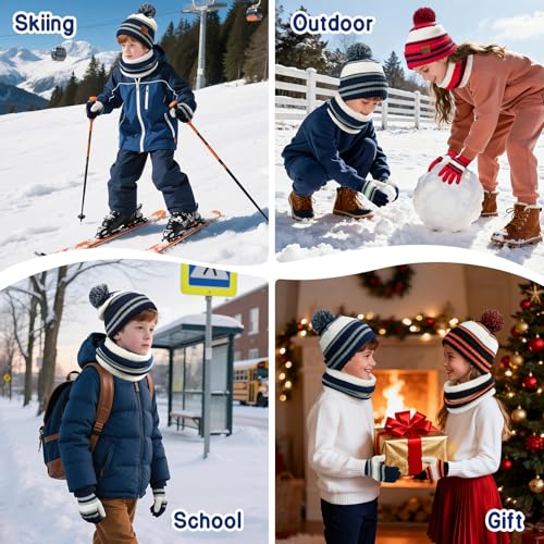 Image of Kids Winter Hat Gloves Scarf Set: Girls Boys Beanie Fleece Lined Ages 6-10