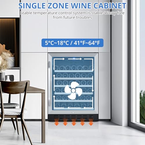 GarveeHome 24'' Wine Cooler Refrigerator - 46 Bottles Capacity, Professional Compressor, 41°F To 64°F Temp Control, Stainless Steel & Tempered Glass, With Safety Lock, Built-In Or Freestanding