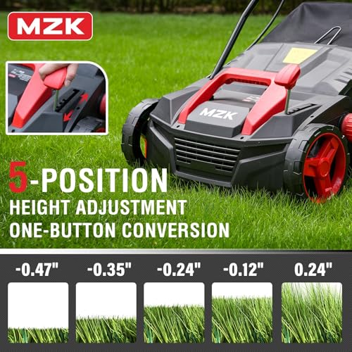 MZK 15-inch 13-Amp 2-in-1 Electric Dethatcher and Scarifier w/Removeable 5-Position Height Adjustment,Lawn dethatcher w/12-Gallon Thatch Collection Bag,Keep Lawn Health