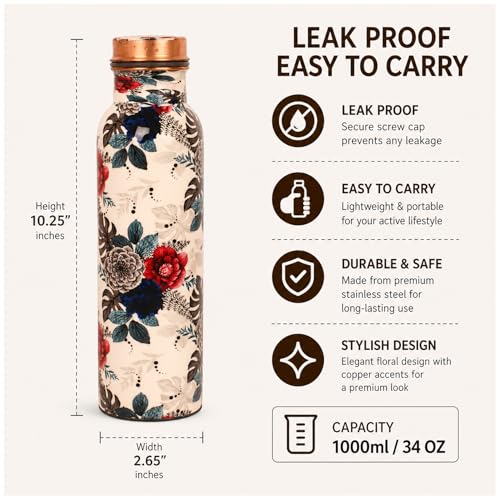 Image of Pure Copper Water Bottle - Handcrafted - Ayurveda health benefits - Large 1000 ml - Leak proof - Easy to carry for Sports, Fitness, Yoga, School- White Base Indigo Blue Floral Peacock Enamel