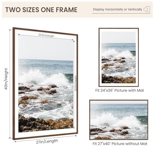 Image of FLYJOE 27x40 Oak Wood Picture Frame with Mat for 24x36, 27 by 40 USA-Sourced Natural Solid Wooden Poster Frame for Wall Display, Tempered Real Glass, Hanging Hardware Included, 1 Pack, Walnut Color
