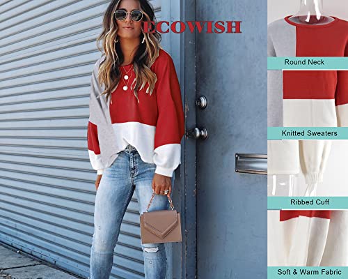 Image of ECOWISH Women Sweater Long Sleeve Color Block Knit Pullover Sweaters Crew Neck Patchwork Casual Loose Jumper Tops
