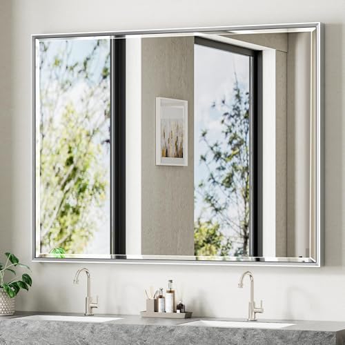48 x 36 Silver Bathroom Mirror, Large Beveled Silver Bathroom Vanity Mirror, Shatterproof Silver Rectangle Mirror, Silver Metal Framed Mirror for Bathroom Wall, Anti-Rust(Vertical/Horizontal)