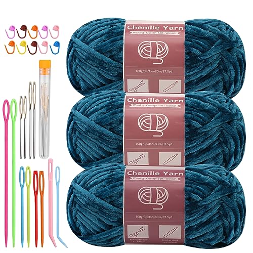Image of LUNARM Chenille Yarn 3 Pack 3.5oz Chunky Blanket Velvet Yarn 263 Yard | Marine Green Chunky Chenille Yarn for Beginners Crocheting Hand Knitting Scarves with Big Eye Needles Machine Washable