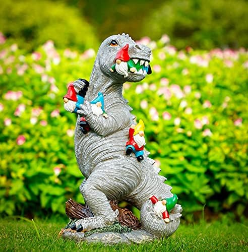 Himaweek Garden Statue Outdoor Decoration, Dinosaur Eating Gnomes Figurines, Indoor Outdoor Décor Garden Art for Patio Lawn Yard, 13.5” x 7.6” Housewarming Garden Gift