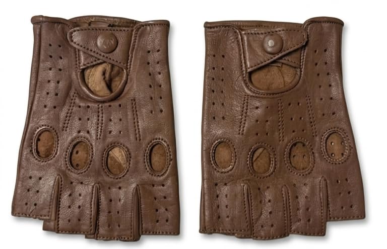 Mens Leather Half Finger Driving Gloves with Knuckle Holes Leather Fingerless Gloves for Driving Cycling & Biking (Saddle Brown X-Large)