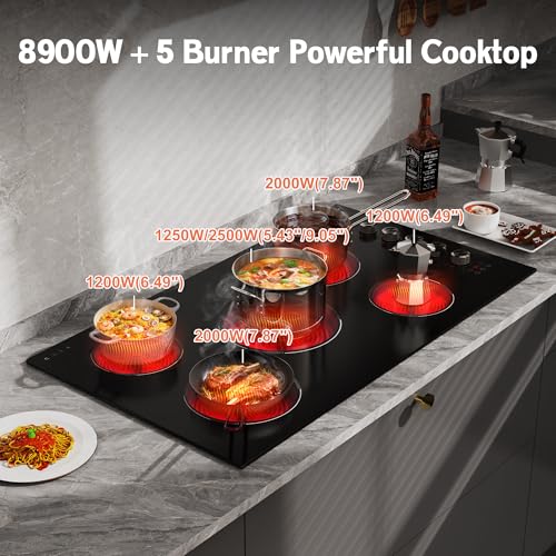 Image of 36 Inch Electric Cooktop 5 burner Karienvir, 8900W Built-in Electric Stove Top, Cooktop 36 inch with Double-ring Burner, Knob & Touch Control, 9 Power Levels, Timer, Safety Lock, 220V-240V Hard Wire