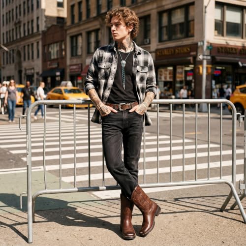 Image of Rollda Cowboy Boots for Men Western Boots Men's Square Toe Chunky Heel Mid-Calf Boots Classic Embroidered Pull On Boots