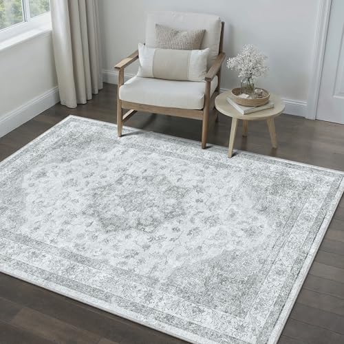 PureCozy Vintage Washable Grey Rugs Living Room Area Rug 120x170cm Bedroom Large Non Slip Soft Carpet Kitchen Bedroom Dining Room Office Indoor Low Pile Carpets