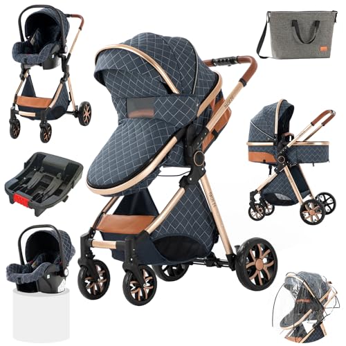 Image of 3 in 1 Baby Stroller Travel System, Reversible Newborn Foldable Pram, Infant High Landscape Pushchair, Portable Standard Stroller, Reclining Buggy, Baby Carriage (UDV9-BLUE with Base)
