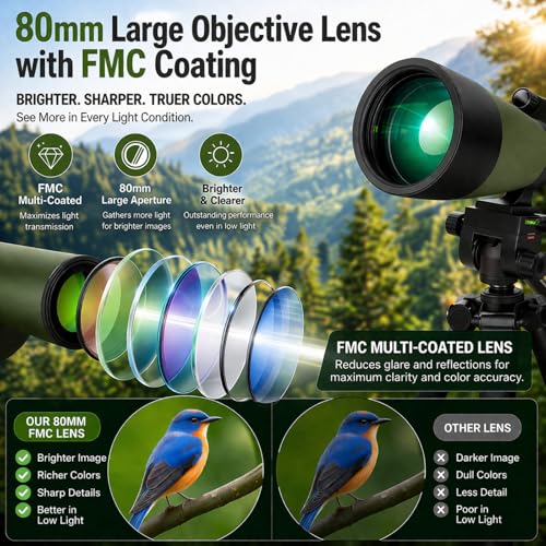Image of NWDEY Spotting Scope 25-75x80, BAK4 Prism FMC Optics, Waterproof Spotting Scope with Upgraded Tripod, Phone Adapter and Carrying Case for Bird Watching, Target Shooting, Wildlife Viewing