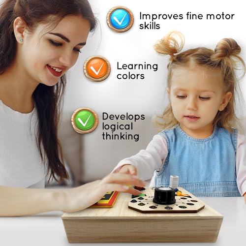 Image of Wooden Montessori Musical Busy Board for Toddlers for 3-5 Year-Old with Mechanical Turner, Colorful Bulbs, Switches, Buttons - Enhance Sensory, Motor Skills (Updated)