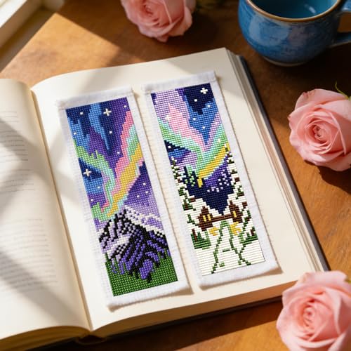 Image of ACRNIGHEET 6PCS Cross Stitch Kits Stamped Cross Stitch Bookmark Kit for Beginner Adults Colorful Aurora Embroidery Bookmark Kit Needlepoint Kits with Instructions Book Lovers Craft Gift 8.5''x3'' 11CT
