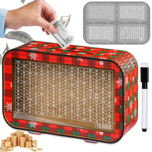 Giftota 2026 Newyear 4-in-1 Wooden Money Saving Challenge Box - Fully Assembled Piggy Bank(1000/3000/5000/10000) - Kakeibo Money Box with Counter Dry Erase Pen - Wooden Money Bank for Women Men
