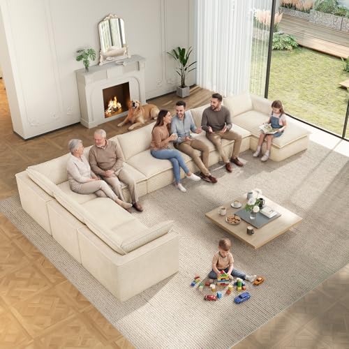 Image of Vesgantti 141.7 inch Oversized Sectional Boneless Couch, Modern 7 Seater Modular Sofa with Chaise & Ottoman, Deep Seat Plush Corduroy Cloud Couches for Living Room, No Assembly Required, Beige