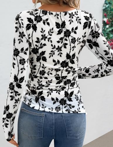 Image of ZESICA Womens Floral Long Sleeve Shirts 2026 Spring Boat Neck Mesh Ruched Tops Fitted Asymmetrical Going Out Blouses