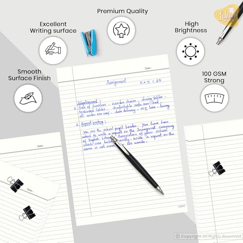 Image of Lakeer A4 Single Side Ruled Paper - 100 GSM Thick Paper, Pack of 100 Sheets | Ideal for Projects, Assignments, Practicals, and Homework (Ivory)