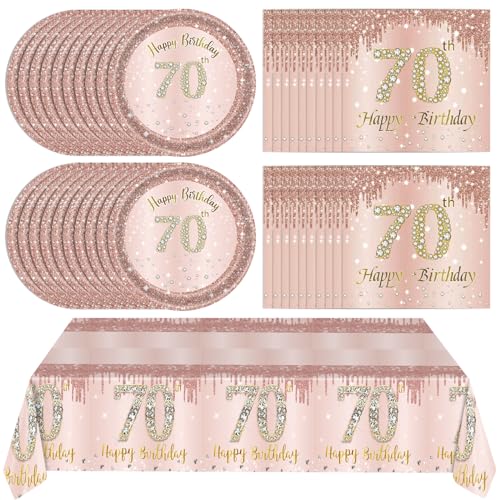 Ryzovo 41Pcs 70th Birthday Decorations, Rose Gold Birthday Party Supplies Include 20Pcs Plates 20Pcs Napkins and 1Piece Tablecloth, Sweet Seventy Year Old Birth Party Tableware for Girl Ladies Women