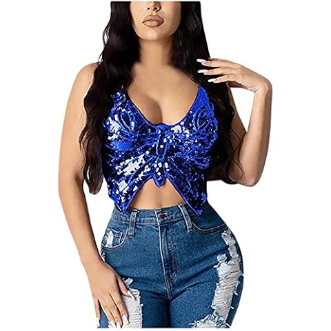 Pailletten Schmetterling Crop Tops Bauchtanz Kostüm Festival Club Sexy Tank Neckholder Bandage Tops Damen Bauchtanz Kostüm Oberteil Neckholder BH Rückenfrei Bustier Quasten Tanz Party Outfits Cover
