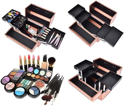 Image of Adson Professional Makeup Box Cosmetics Case Jewelry Organiser Vanity Make Up Storage Box Beauty Train Case Lockable with Keys (Copper)