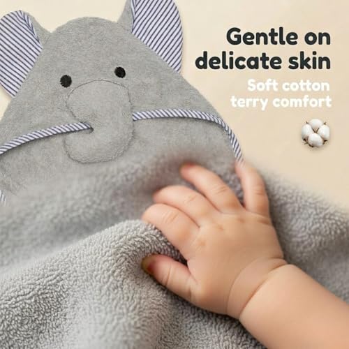 Image of EVERYDAY KIDS Hooded Baby Toddler Bath Towel for Boys and Girls - 3D Gray Elephant with Ears and Trunk; Soft and Absorbent Terry Cloth Hooded Towel for Young Kids; Gender Neutral Baby Bath Essential