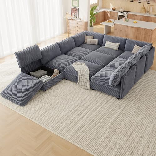 Image of Oversized Corduroy Modular Sectional Sofa Bed with Hidden Storage, Convertible L U Sleeper Couch, Modular Sofa 10 Seat Free Combination with Ottoman & Removable Covers for Living Room, Gray