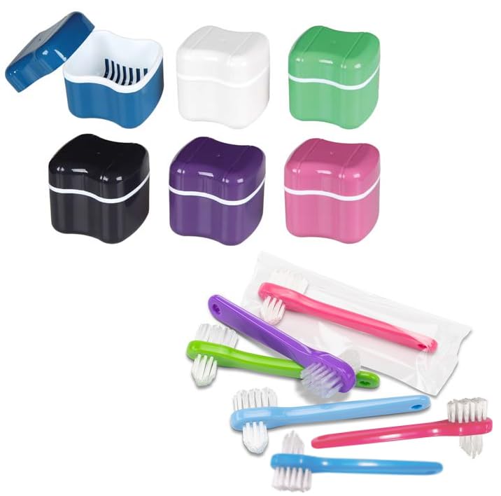 AmeriCan Goods 6/Pk Euro Denture Care Bath Box Case with 6/Pk Mini Denture Brushes Denture Retainer Bath Cases with Rinsing Basket & Brushes