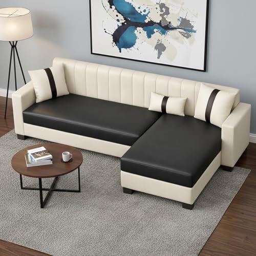 Image of SOCOZI Averique 4 Seater RHS L Shape Sofa Set |Premium Leatherette Upholstery | Modern Design | Plush Comfort Cushions for Living Room (Cream-Black)