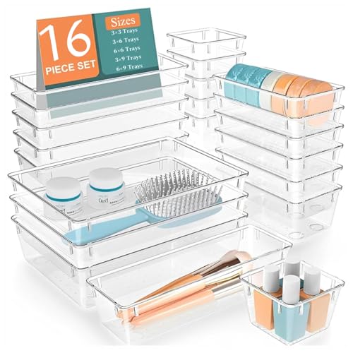Image of MECHDEL Drawer Organizer Set /Bathroom and Dressing Table Trays /Cosmetic Display /Bathroom Cosmetic Organizers /Unbreakable Organizer /Drawers Divider Tray (Transparent, 16PCS Set)