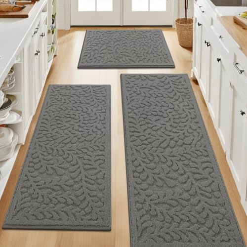 SHACOS Kitchen Rugs Sets of 3 Non Slip Washable Polypropylene Low Pile Absorbent Resist Dirt Kitchen Floor Mat 3 Piece for Entryway, Hallway, Front of Sink (17