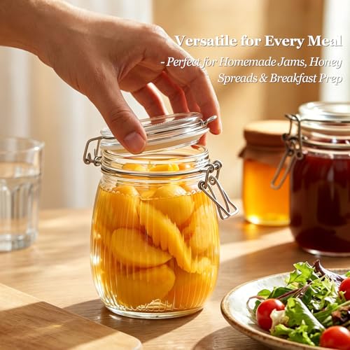 Image of ComSaf Ribbed Glass Mason Jars with Airtight Lids 25oz 6 Pack Sourdough | BPA-free food-grade glass, ribbed texture, wide mouth, flour & sugar, baking staples, sourdough starter, pantry canisters