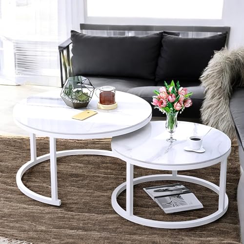 Image of Two-Piece Marble Look Coffee Table Set, top end Side Table, Metal Frame Cocktail Table, Nesting Tea Table, and Home Furniture Size for Living Rooms (White)
