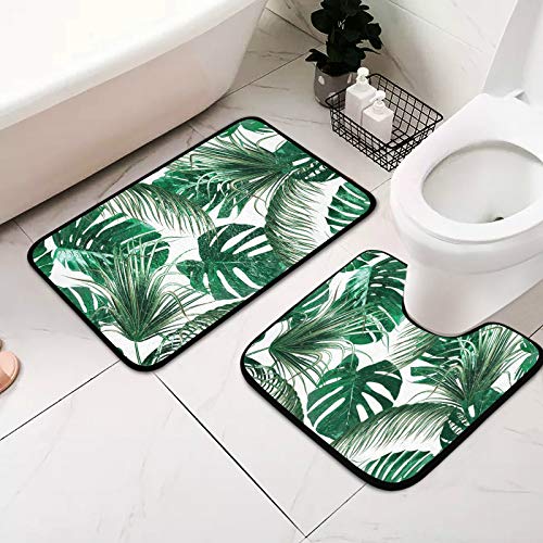 Mnsruu Palm Tree Leaves Tropical Jungle Green Bathroom Rugs Set 2 Piece Non Slip Absorbent 39.8 x 59.9 cm Shower Bath Rug Mat and 50.8 x 50.8 cm U-Shaped Contour Toilet Rug