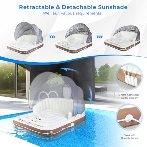Image of Giantex Canopy Island Inflatable Lounge, Floating Island Raft w /SPF50+ Retractable Detachable Sunshade, Inflatable Pool Float Canopy w /2 Cup Holders Backrest Armrest for Pool Lake River