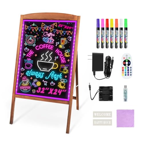 Hosim LED Message Writing Board 32"x24", Standing A-Frame Wooden Message Board Illuminated Erasable Neon Effect Restaurant Menu Sign, 8 colors Markers, Flashing DIY Message Chalkboard for Shop/Cafe