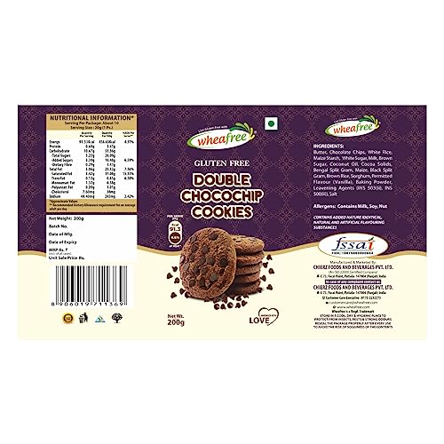 Image of Wheafree Gluten Free Double Chocochip Cookies (Pack of 2 x 200g each) | Tasty, Crunchy and Chocolate Flavoured Cookies with even more Chocochips | Best Teatime Snacks | Vegetarian | Handmade with Love