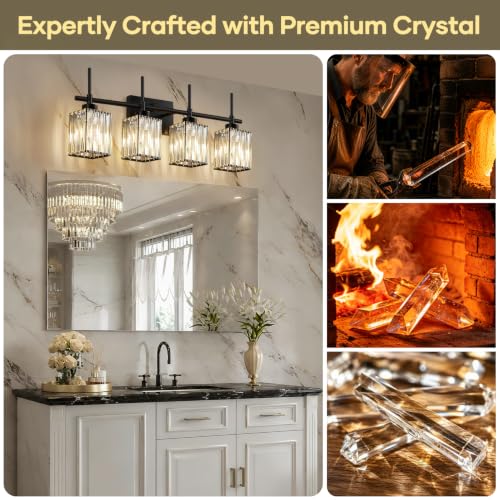 Image of Torondo Modern Crystal Bathroom Vanity Light 4-Lights Matte Black Bathroom Light Fixtures Over Mirror Matte Black Vanity Lighting Fixtures Square Shade Brass Wall Sconce (Bulbs Not Include)