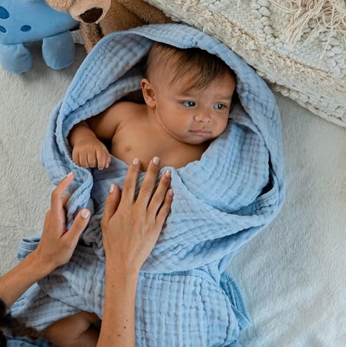 Image of Kassy Pop Muslin Cotton Bath Towel Cum Baby Swaddler | Extra Soft Towels for Newborn 0 to 3 Years l 100% Organic Cotton wash Towel | 105 X 105 cm (Blue)