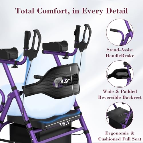 Image of Upright Rollator Walker, Heavy Duty Stand Up Walkers for Seniors with Seat and Reversible Backrest, Foldable Standing Rollator with 8 inch Anti-Slip PU Wheels, Purple