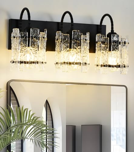 Image of Black Vanity Lights for Bathroom 3 Lights with Stone Texture Round Glass Modern Bathroom Sconce Above Mirror 20in Wall Lamp for Bathroom Living Room Bedroom (Bulbs Included)