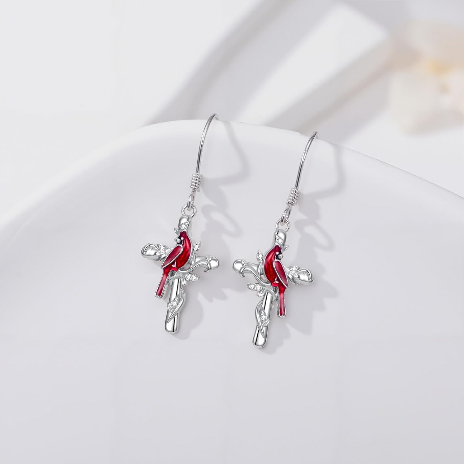 Diamond Cardinal Earrings 925 Sterling Silver Lab Grown Diamond Red Cardinal Cross Dangle Earrings for Women Christmas Birthday Gifts - Image 5