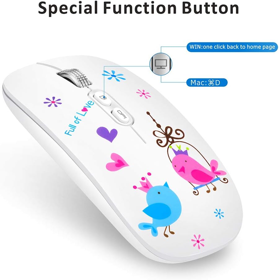 Uciefy U9 Wireless Mouse, Silent Rechargeable Mouse Slim Travel Mice with Type C Receiver for Girls/Kids/Women, Compatible with Chromebook, laptops, MacBook (Bird)
