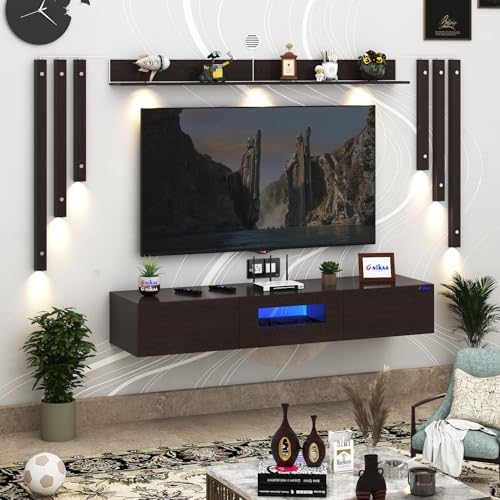 Image of Anikaa LucenNote Engineered Wood Wall Mount TV Unit with Acrylic Blue LED Storage Box, Wooden Accent Spotlight Panels for Living Room, Fits Up to 50 Inch TV, Wenge DIY Installation