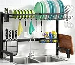 FREEAMG Over The Sink Drainer Rack with Fruit Basket, Expandable Over Sink Dish rack Adjustable Length(65~85cm), Rust-Proof Draining Board Rack, 2 Tier Over The Sink Dish shelf with Metal Hooks(Black)